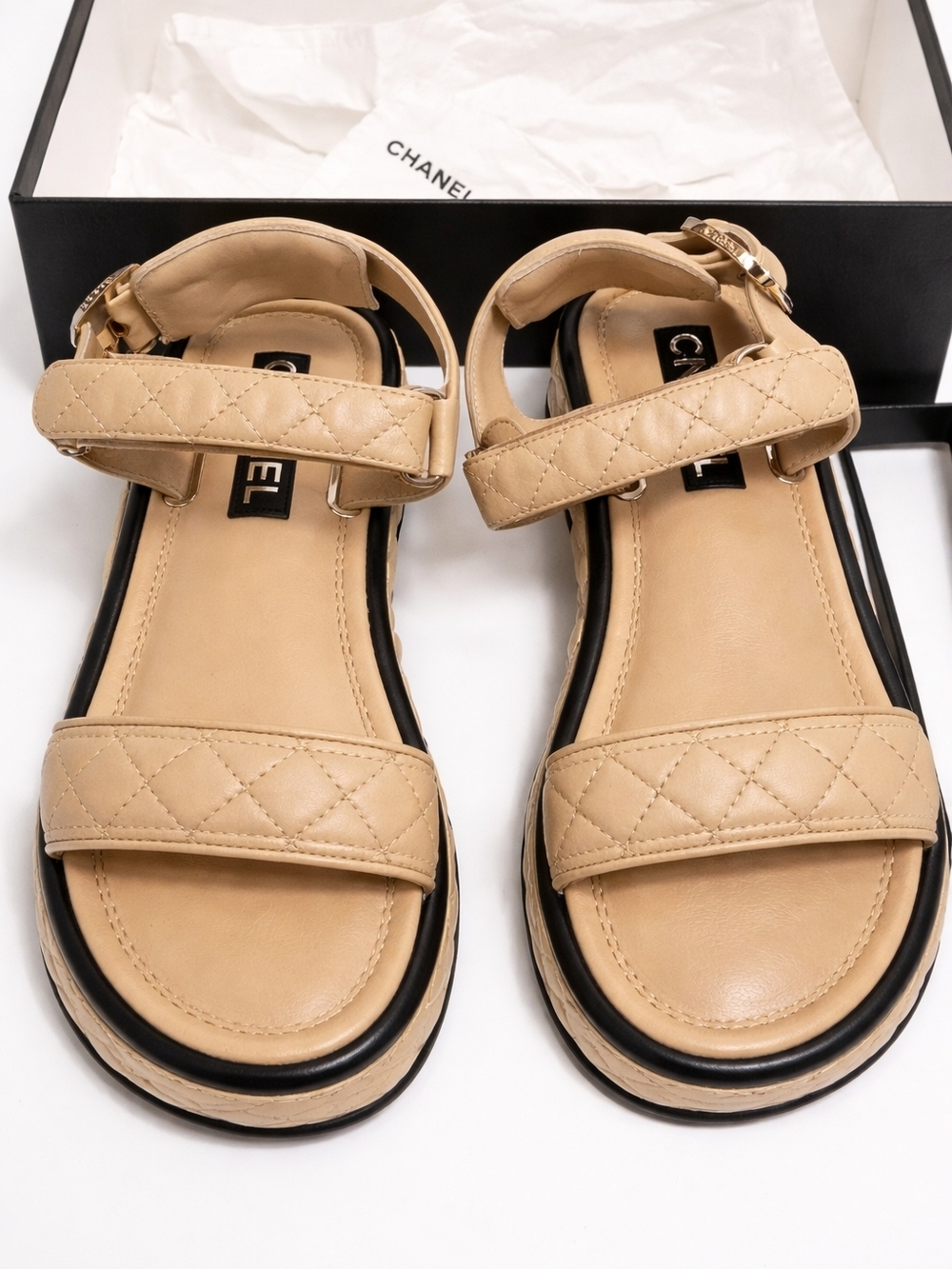 Chanel 22A Quilted Lambskin Platform Sandals - Beige/Black - Size 38C (New) - Picture 2 of 11